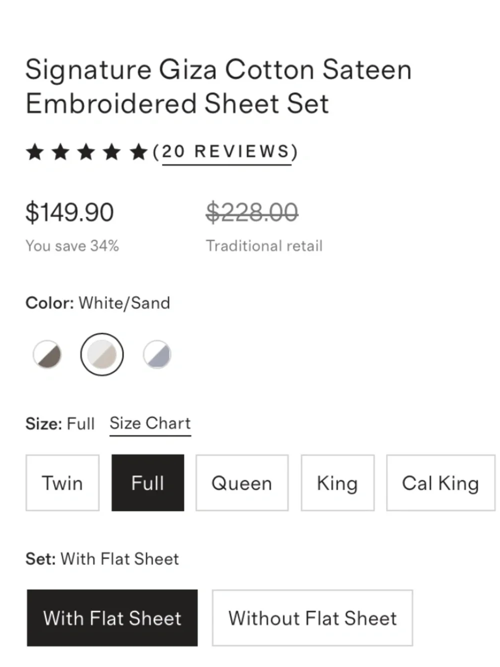Signature Giza Cotton Sateen Embroidered Sheet Set white sand Full NWT